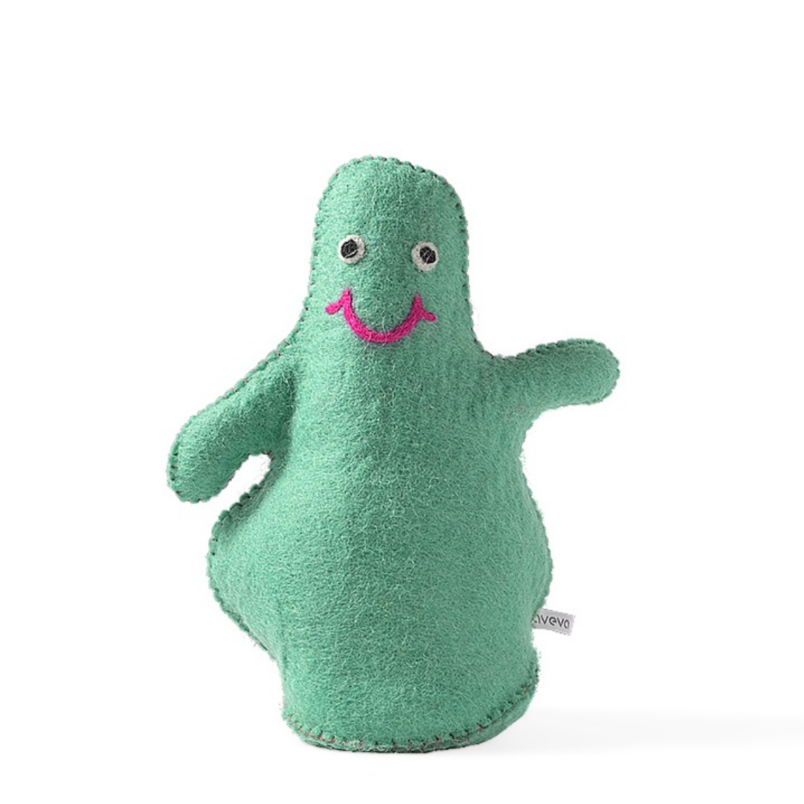 A mint green plush monster door stop with a pink embroidered smiley face and small white eyes, standing on a white background.
