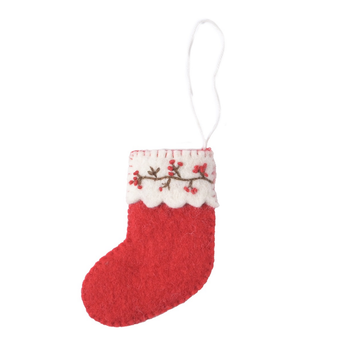 A small red felt Christmas stocking ornament with a white cuff, embroidered berry branch detail, and a white hanging loop, shown on a plain white background.