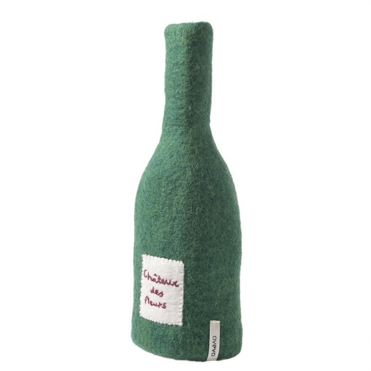 Green textured bottle with a label on a white background