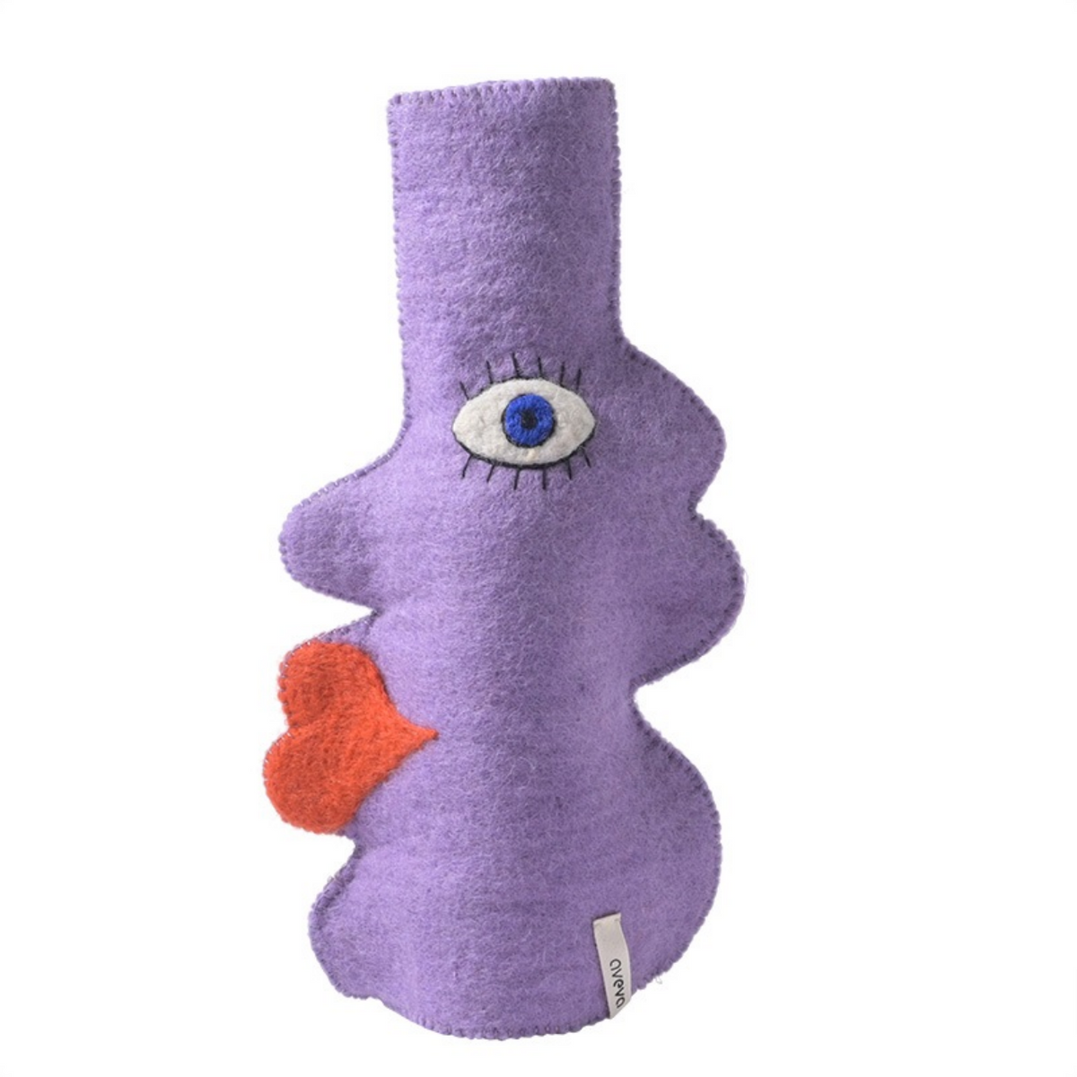 Purple plush toy with a blue eye and orange heart on a white background