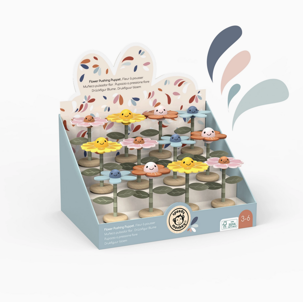 A children's wooden flower-pushing toy set displayed inside a light blue retail stand. The set includes small wooden flower heads in pink, yellow, blue, and peach with cartoon faces, green stems, and round wooden bases.