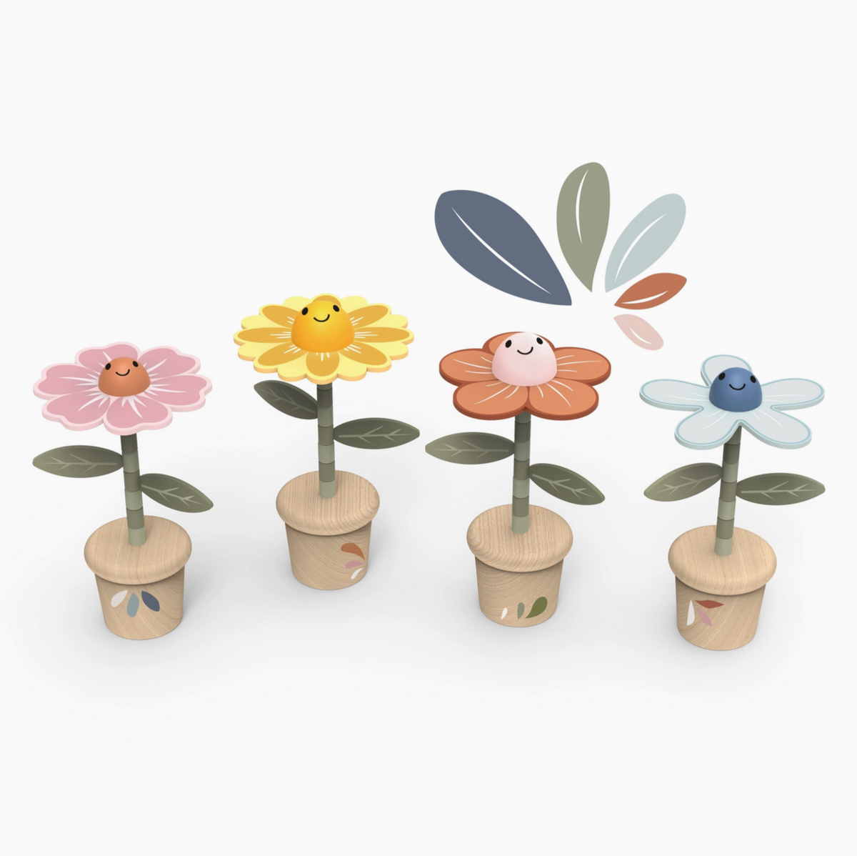 Four wooden flower plant toys in small wooden pots, each with a different colored flower head and green stem, shown on a white background with a small leaf graphic above.