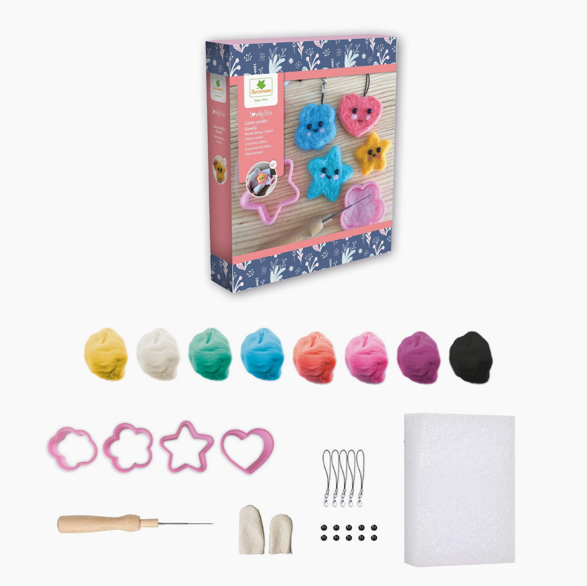 A clay painting kit shown with its retail box and all included tools and colored clay balls on a plain white background. The kit contains multiple colors of clay, metal cookie cutters, a carving tool, hooks, and a white foam board.