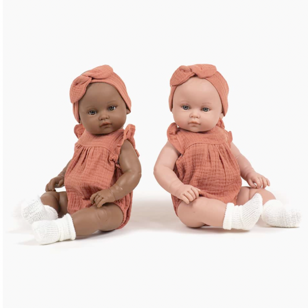 Augustine dressed in her marsala cotton gauze romper -47cm