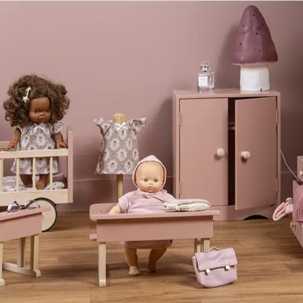 Minikane doll wardrobe in powder pink wood and its 3 hangers -28cm-37cm