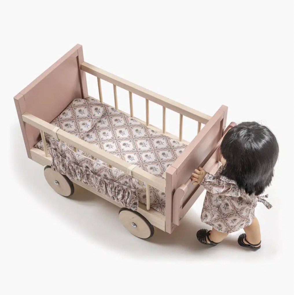 Minikane doll bed on wheels in powder pink wood with Alma cotton mattress -28cm-37cm