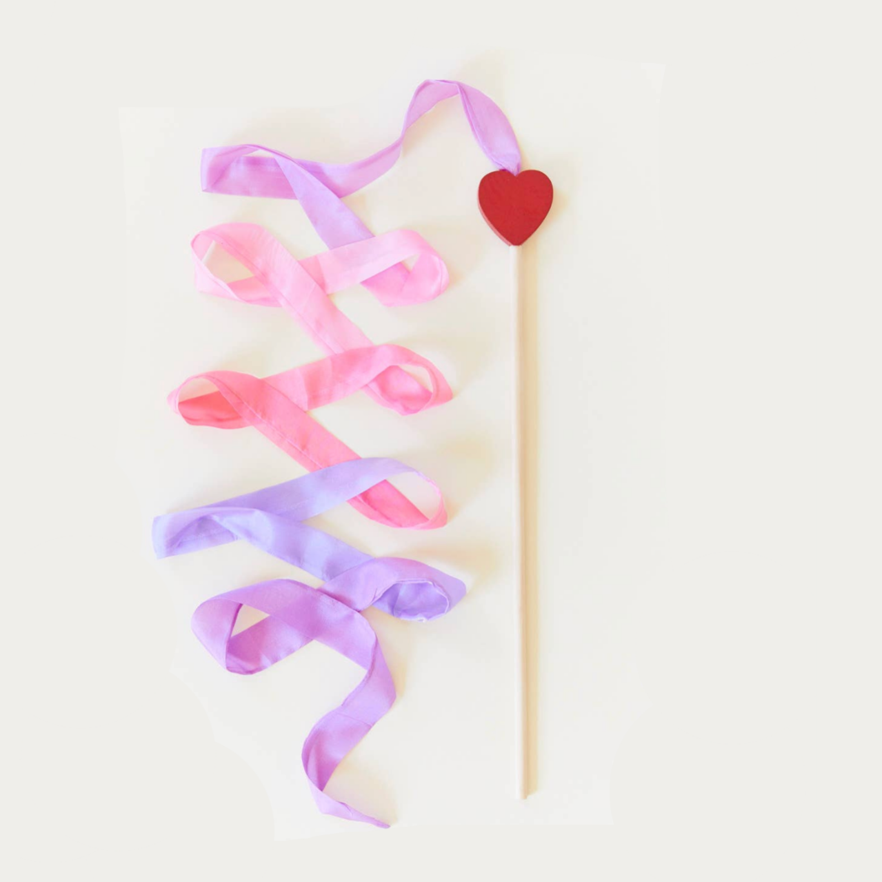 Pink & Purple Silk & Wood Streamer Heart Wand for Pretend Play