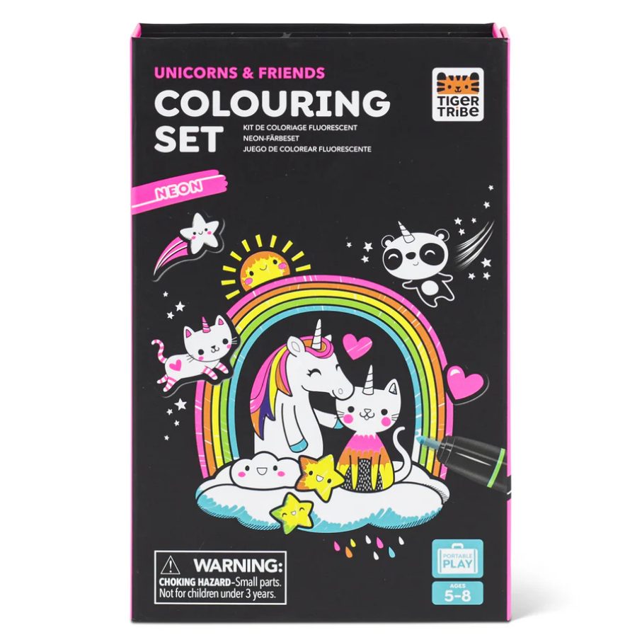 A box of 'Unicorns & Friends Colouring Set' by Tiger Tribe, featuring illustrations of unicorns and other playful animals, with colorful markers and stickers visible through the transparent sections of the packaging.