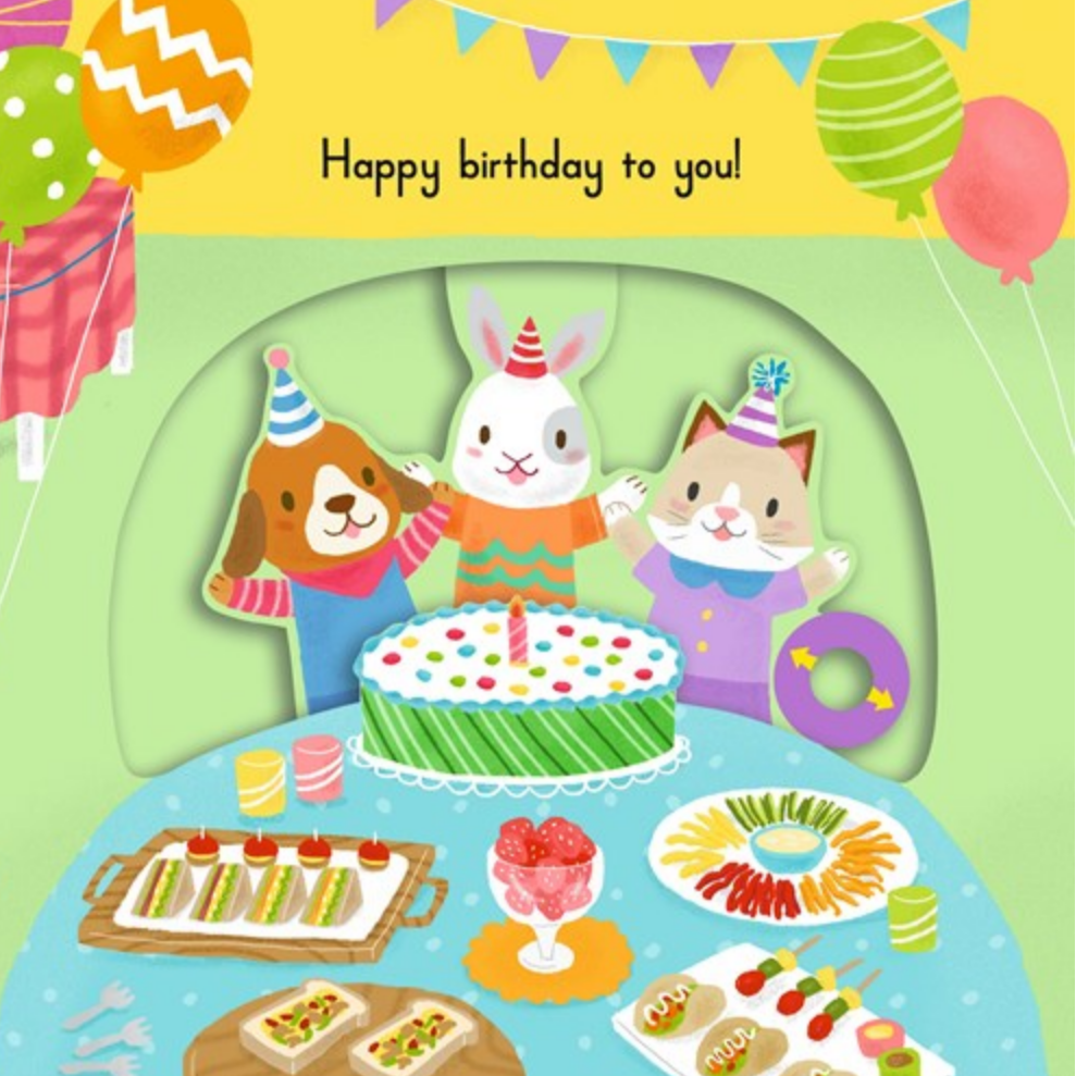 Children's book cover with animal characters celebrating a birthday party.