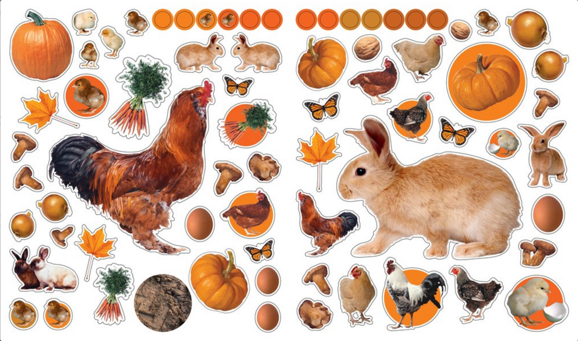 Collection of animal and nature-themed stickers including chickens, rabbits, pumpkins, and leaves on a white background.