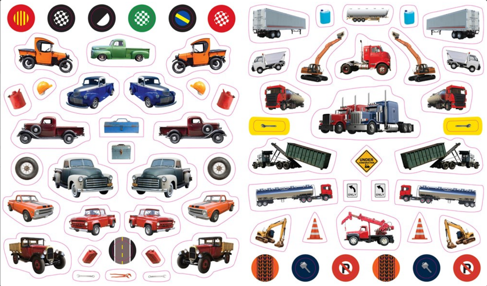 Collection of colorful truck and vehicle stickers on a white background