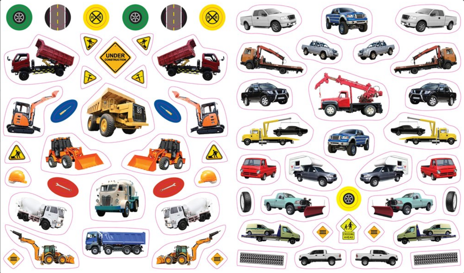 Collection of colorful vehicle and traffic sign stickers on a white background