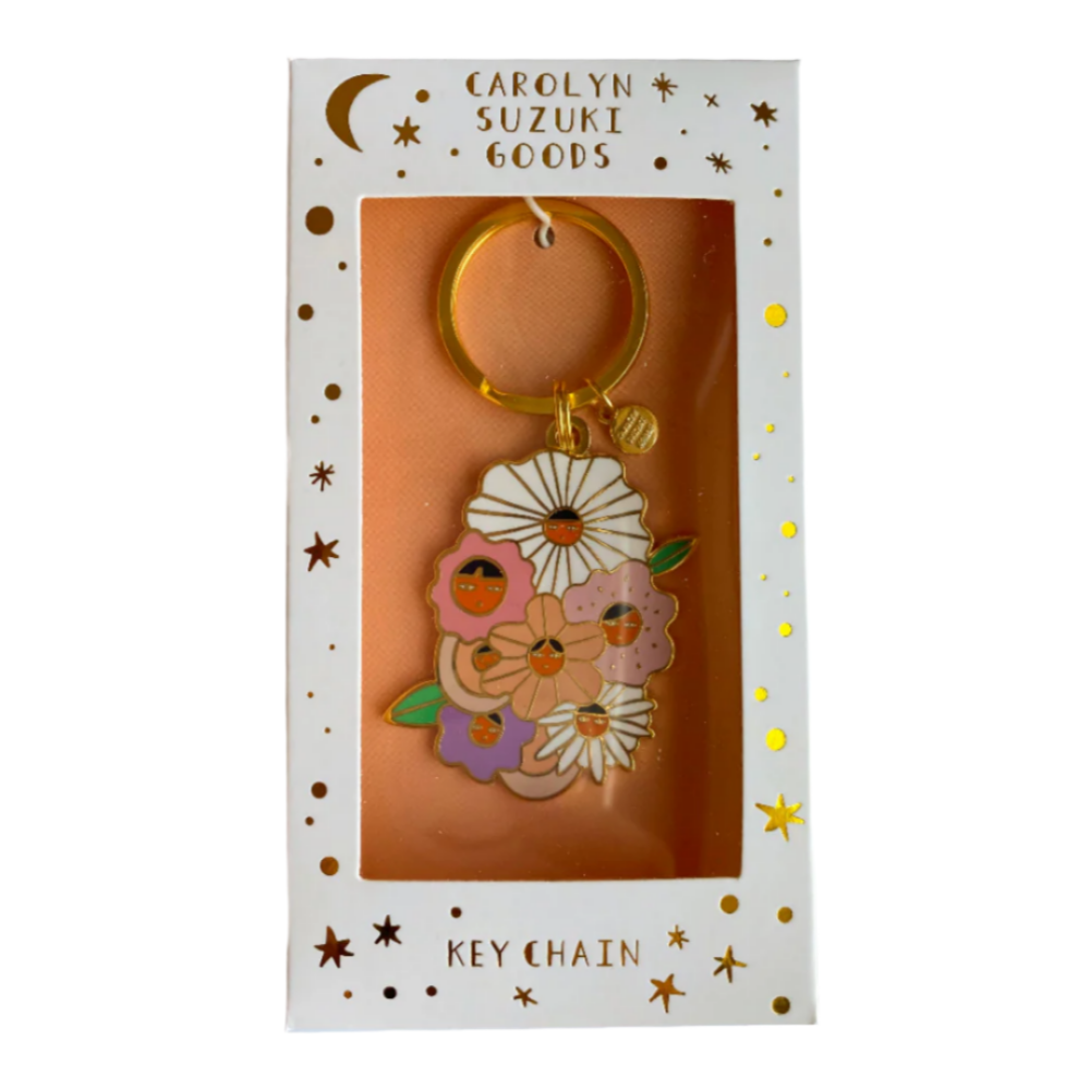 Keychain packaging with a keychain featuring a flower design on a white background