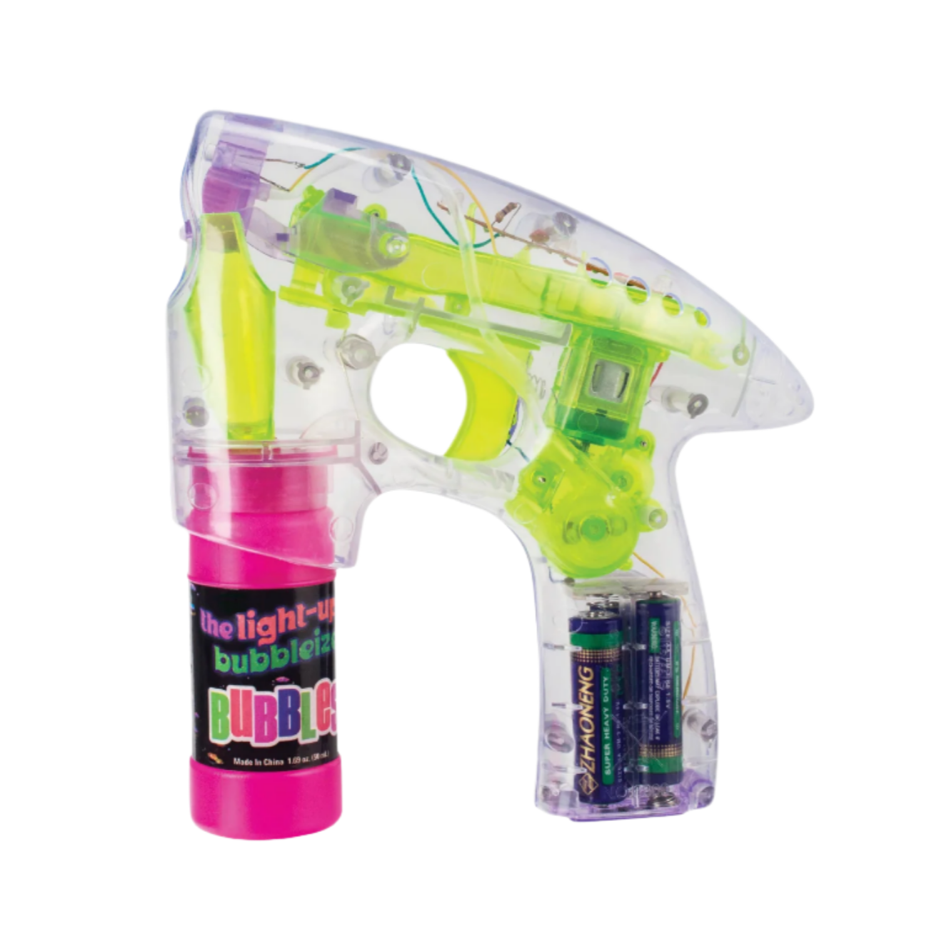 Colorful bubble gun with a bottle of bubble solution on a white background
