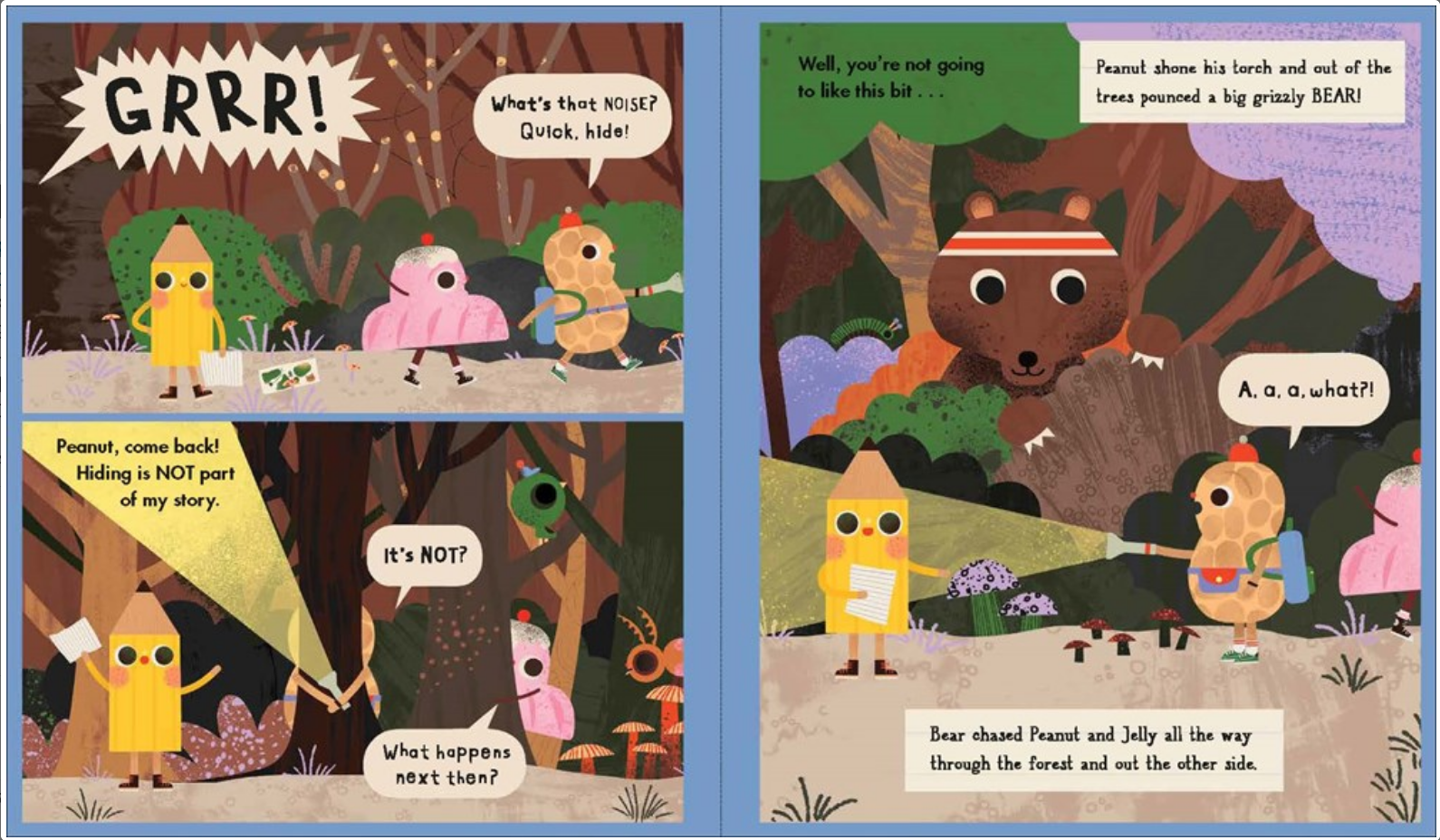 Comic book page with characters and bear in a forest setting