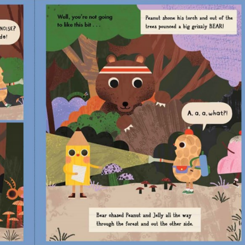 Comic strip with characters in a forest setting, featuring dialogue bubbles.