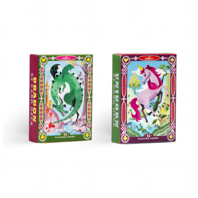 Two card game boxes with colorful designs on a white background