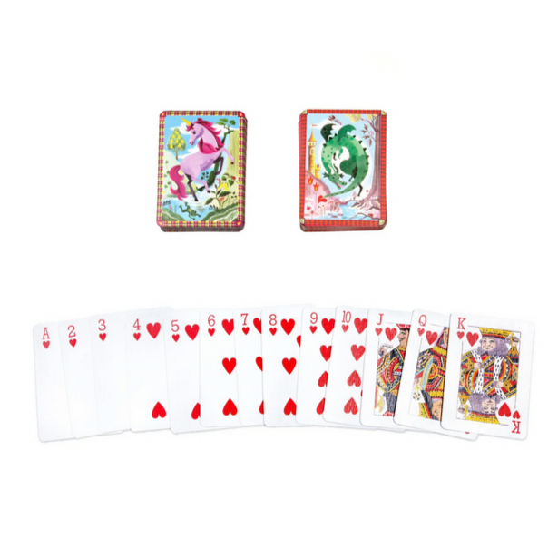Playing cards with unicorn and dragon designs on a white background