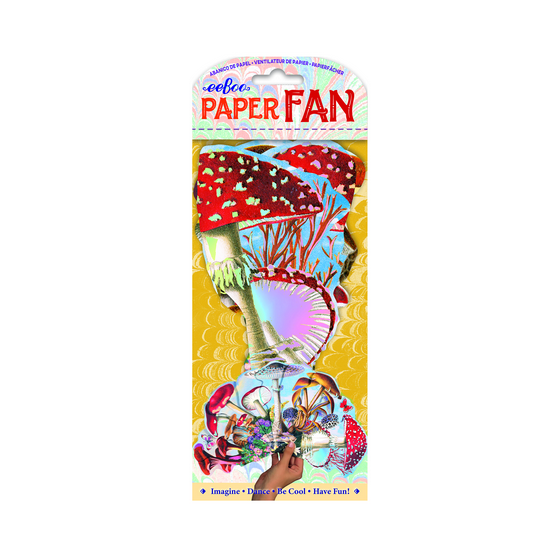 Packaged paper fan with mushroom design on a white background