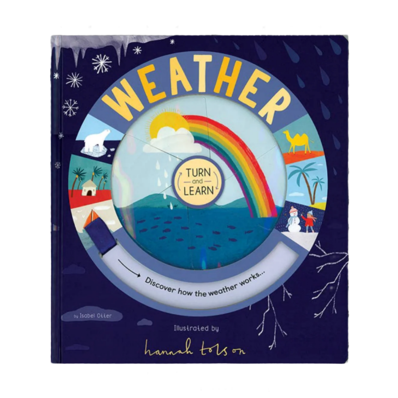 Book cover of 'Weather' with colorful illustrations on a dark blue background