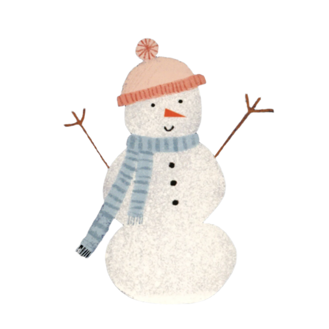 Cartoon snowman with a hat and scarf on a white background