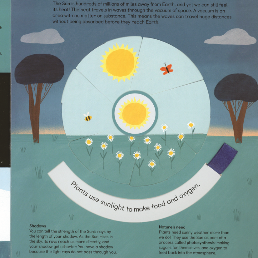 Educational illustration about sunlight, plants, and shadows with a moveable page.
