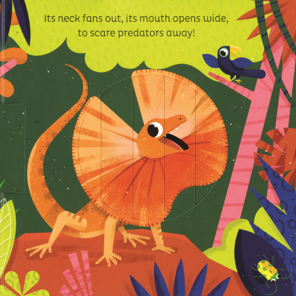 Illustration of a dinosaur with a bird on a colorful jungle background