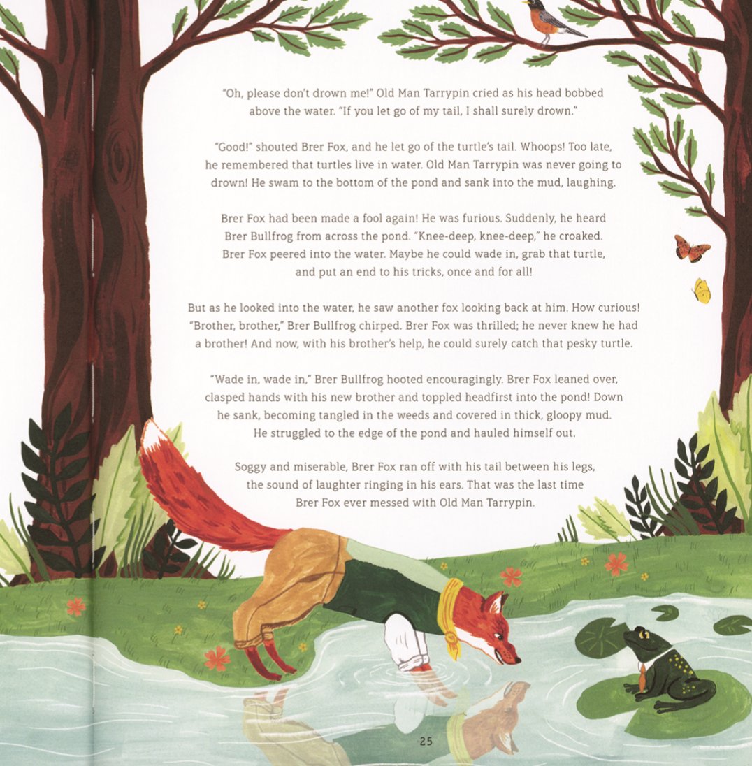 Illustrated book page with animals by a pond and text on a white background
