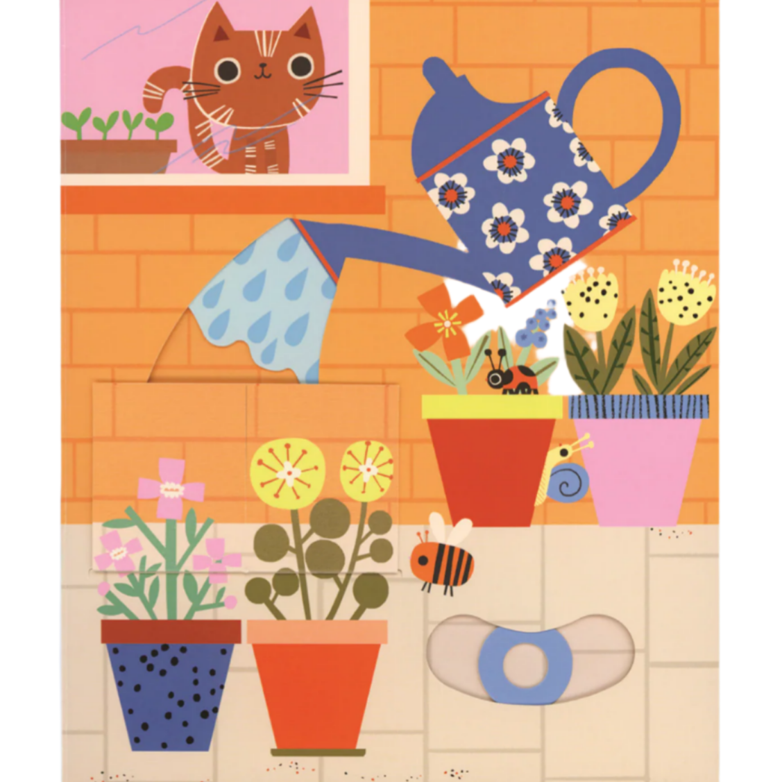Illustration of a kitchen scene with potted plants, a teapot, and a cat on a windowsill.