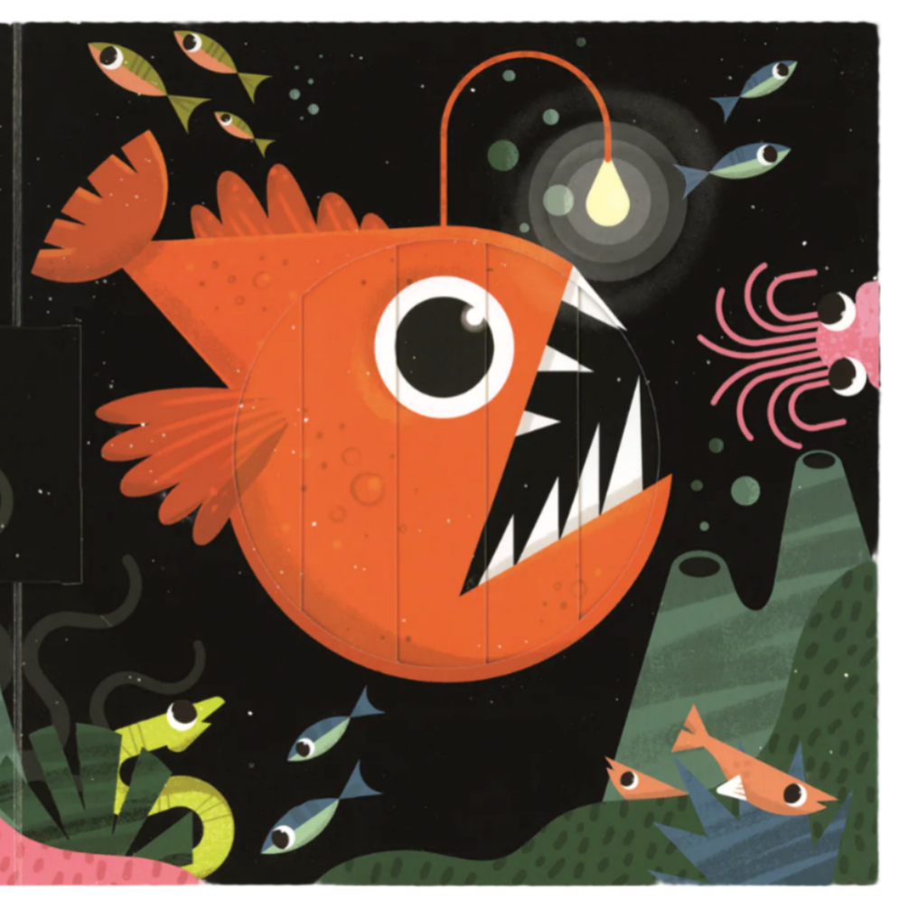 Illustration of a menacing orange fish with sharp teeth in an underwater scene.
