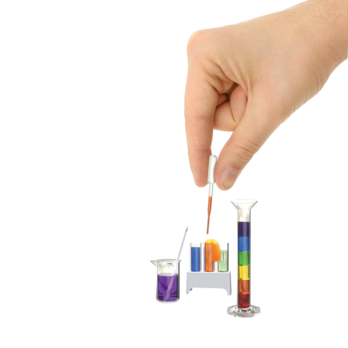 Hand holding a test tube with a colorful liquid next to a set of test tubes with different colored liquids on a white background.
