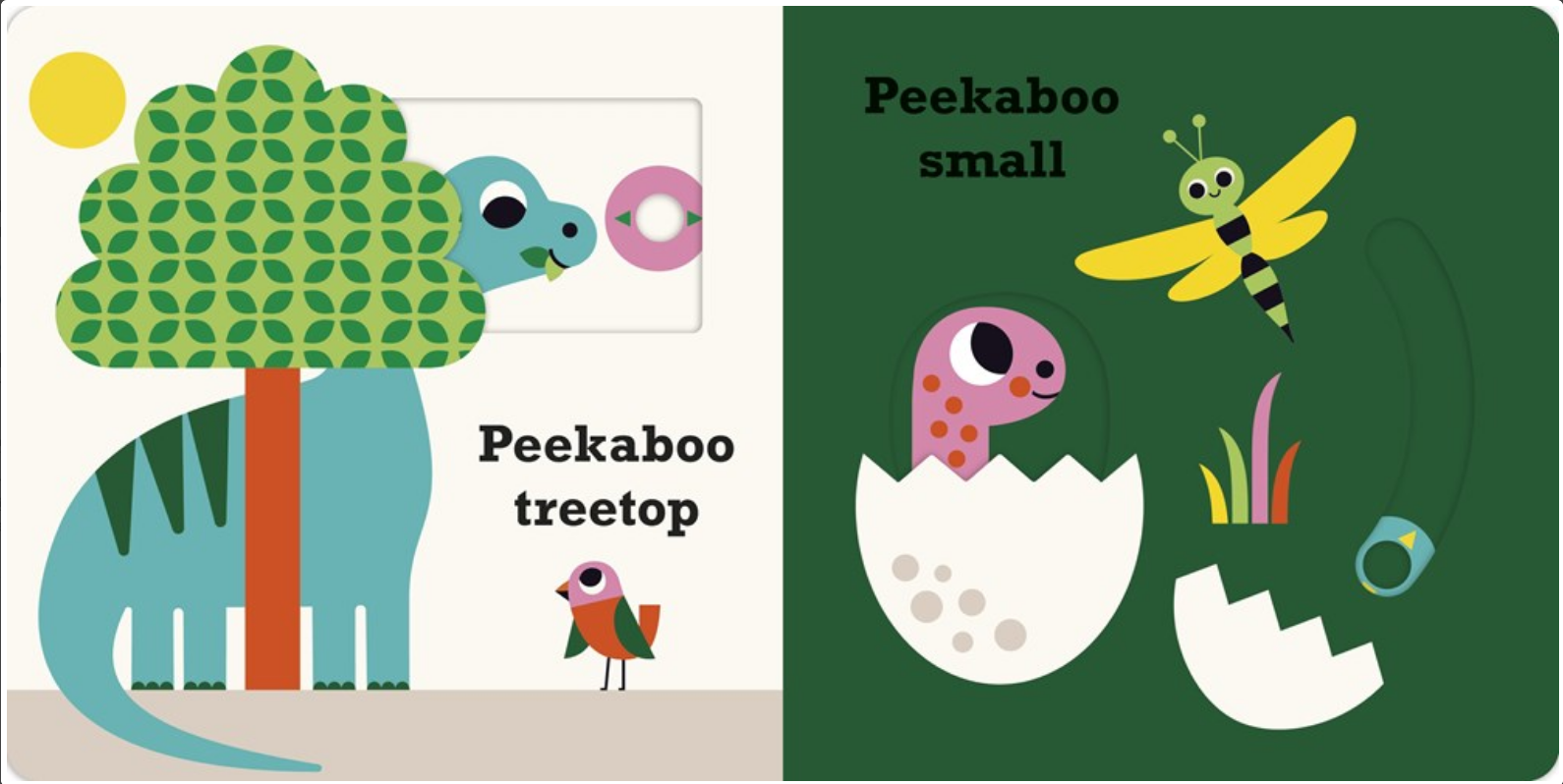 Children's book with illustrations of a tree, bird, and turtle on one page and a turtle, egg, and butterfly on the other, against a green background.