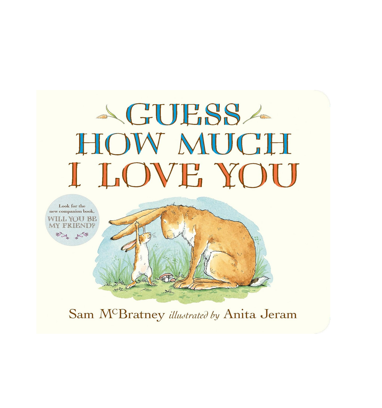 Book cover of 'Guess How Much I Love You' with a dog and rabbit illustration.