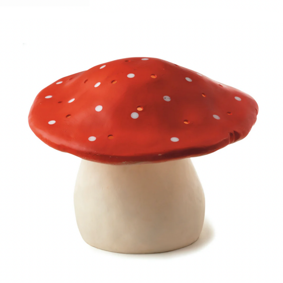 Mushroom-shaped object with a red cap and white spots on a beige stem against a white background