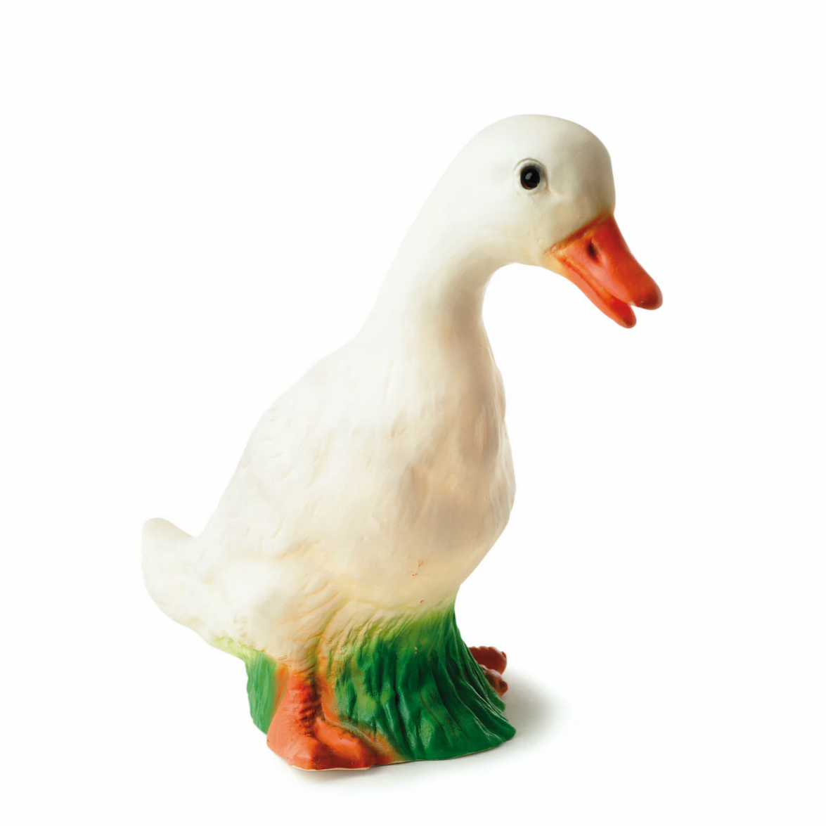 White duck light with green feet on a white background