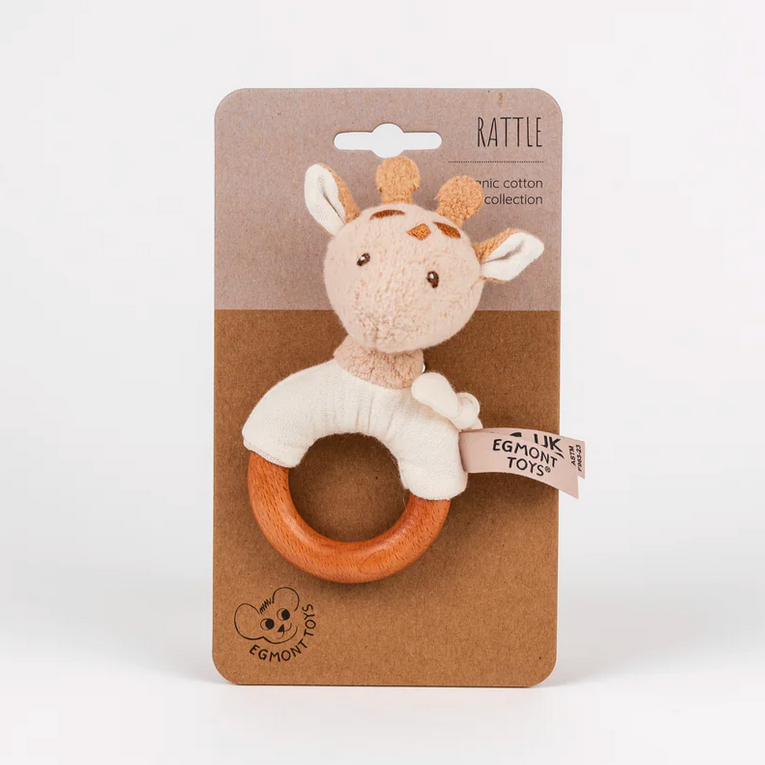 Giraffe-shaped rattle toy on a cardboard packaging with 'Egmon ttoys' branding.