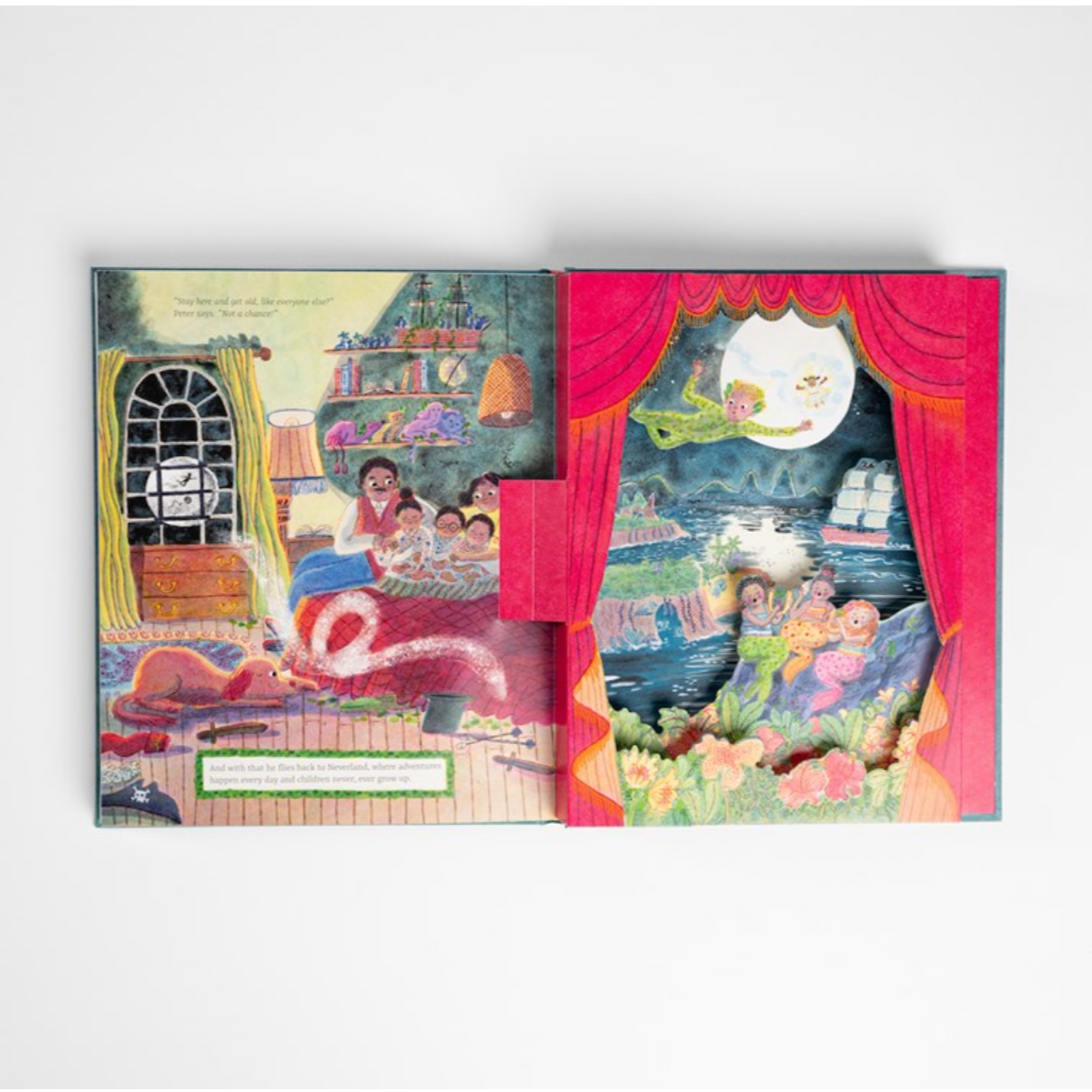 Illustrated book with colorful scenes and a red curtain on a white background