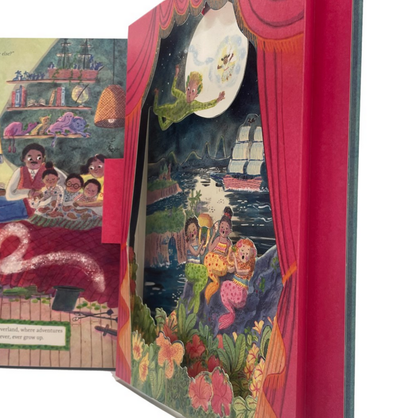Colorful children's book with a stage-like design and illustrations of characters and scenes.