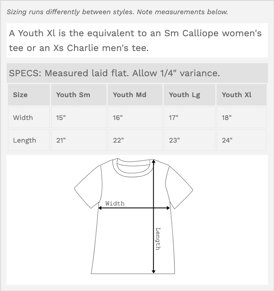 Measurement chart for Youth t-shirt sizes with a diagram of a t-shirt.