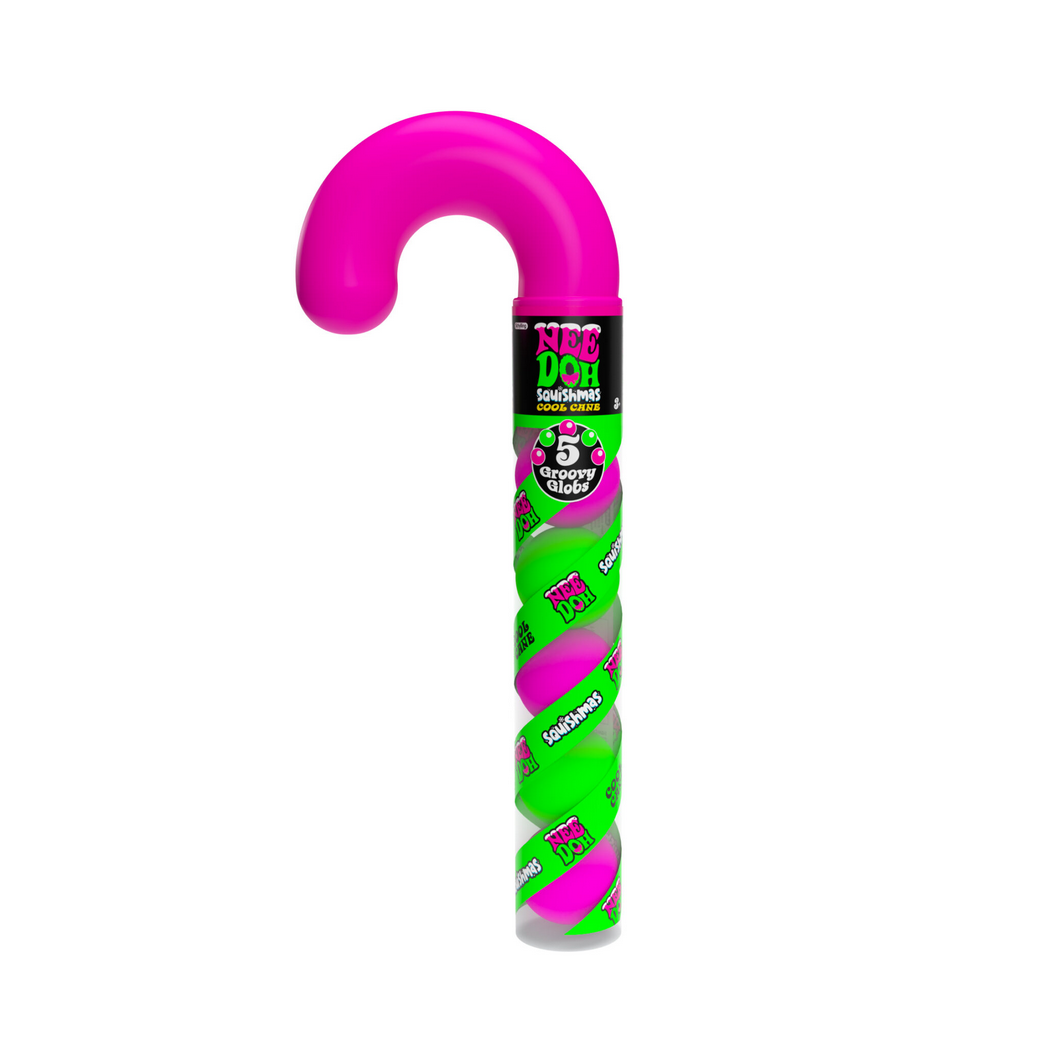Pink and green toy cane with visible branding on a white background