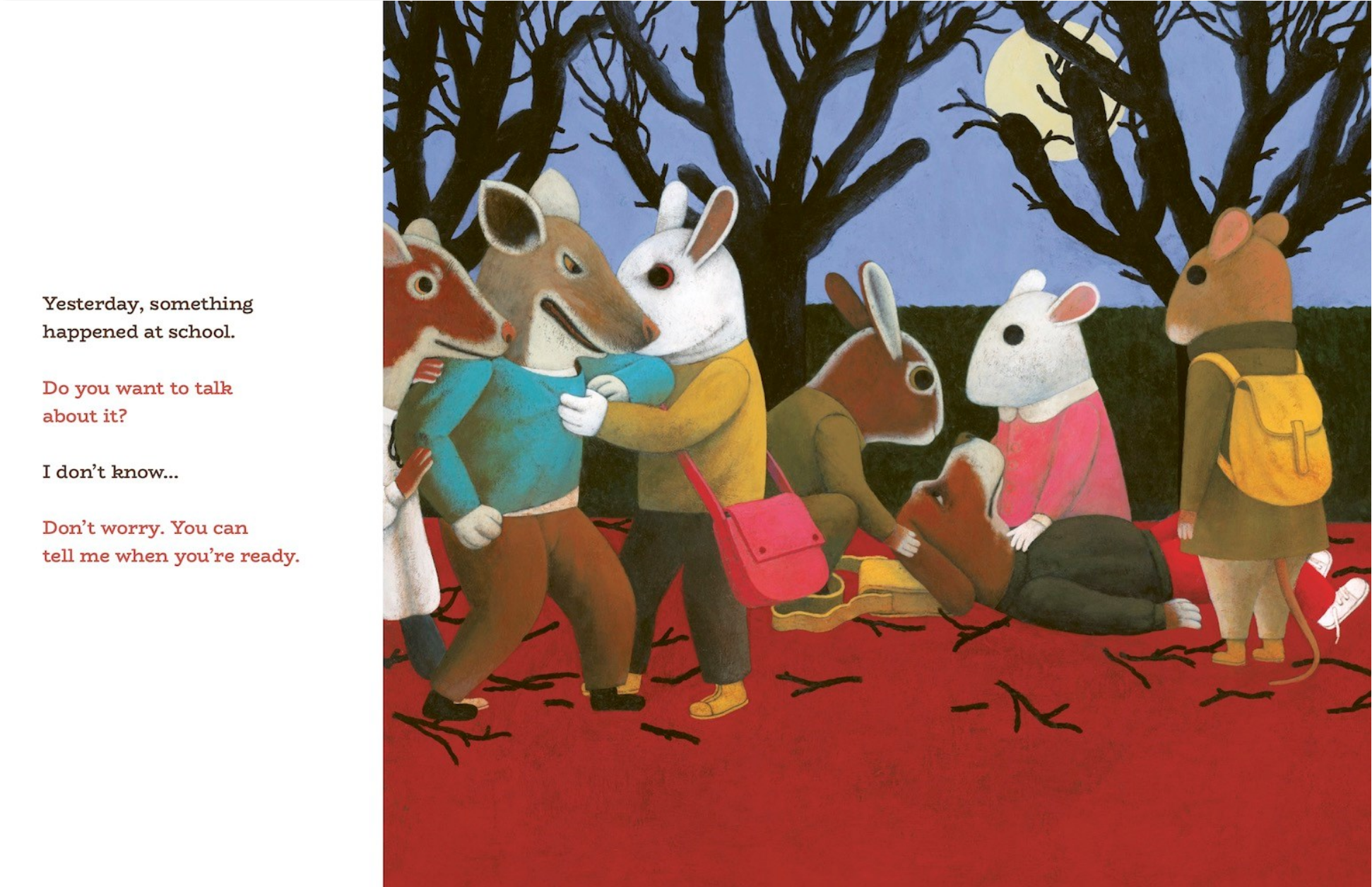 Illustration of anthropomorphic animals in a forest setting with text.