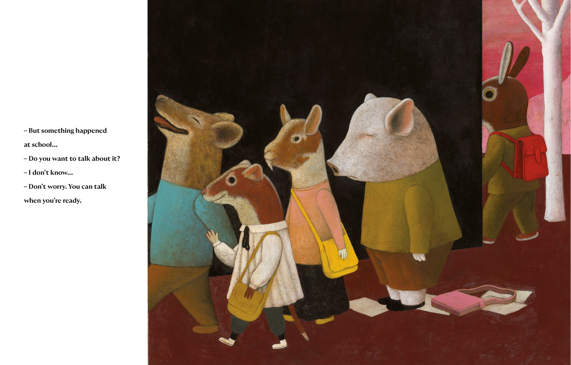 Illustration of anthropomorphic animals with text on a dark background