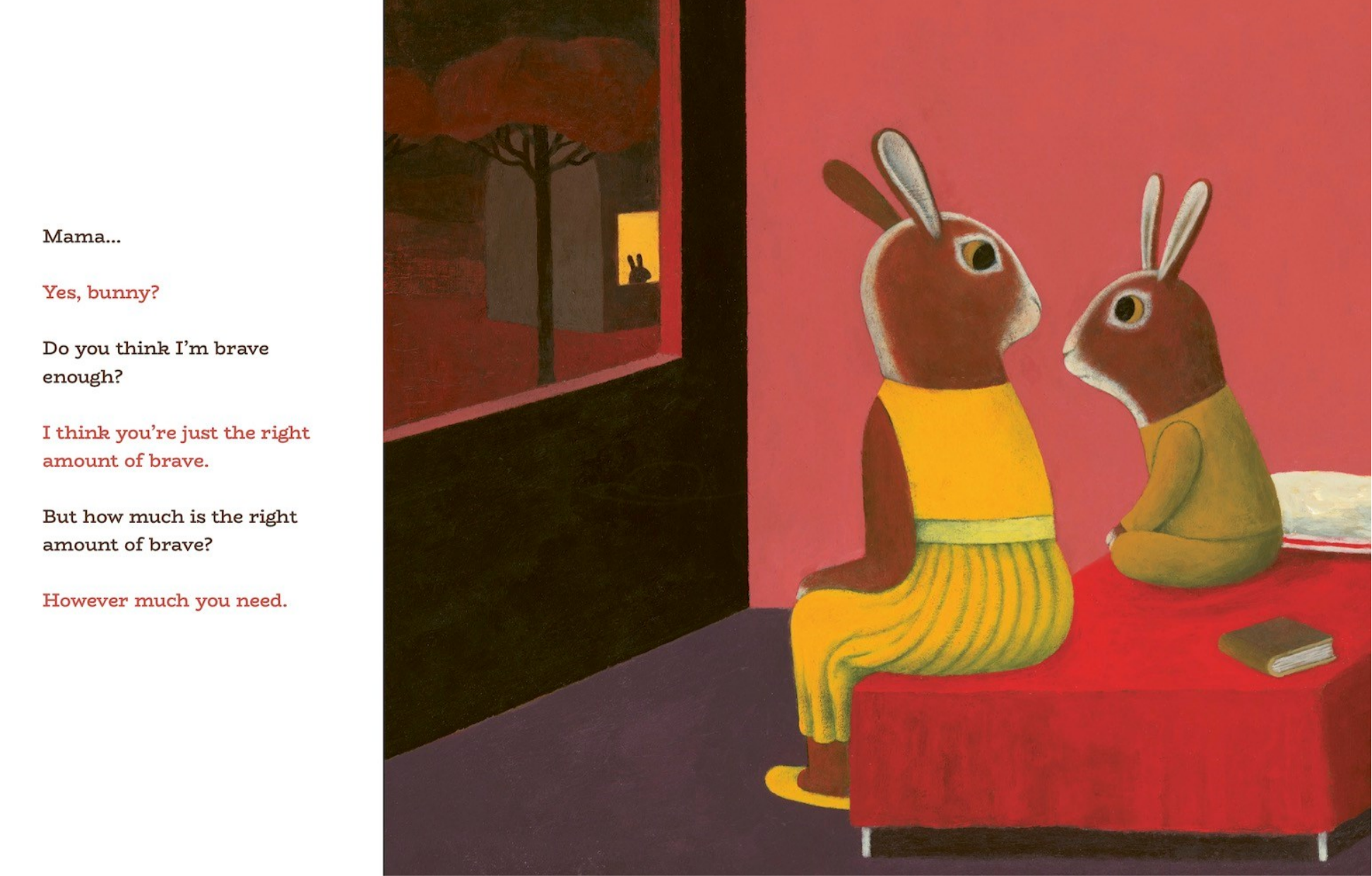 Illustration of two rabbits in a room with text on a red background