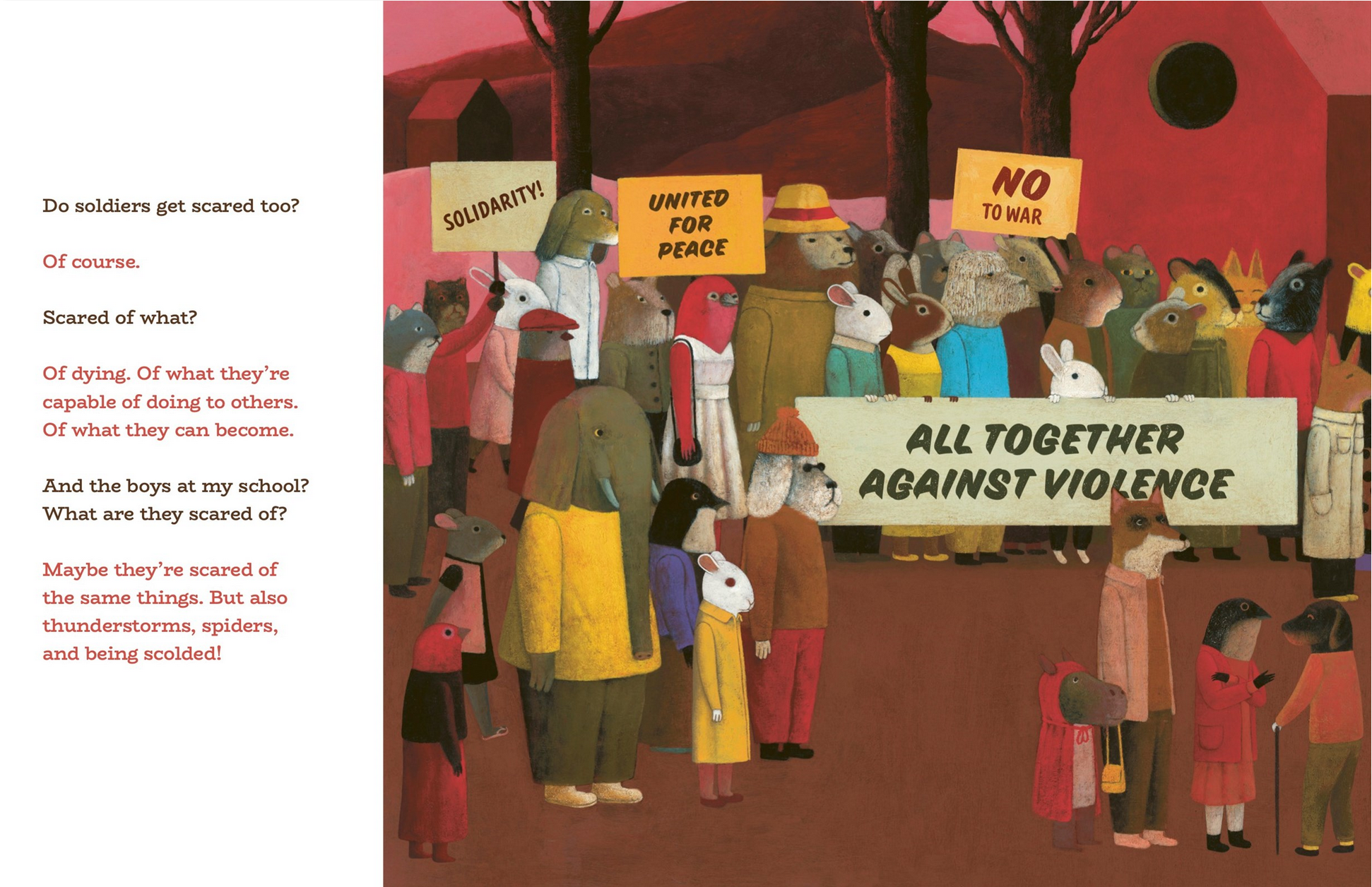 Illustration of animals holding signs with messages of peace and unity against violence.