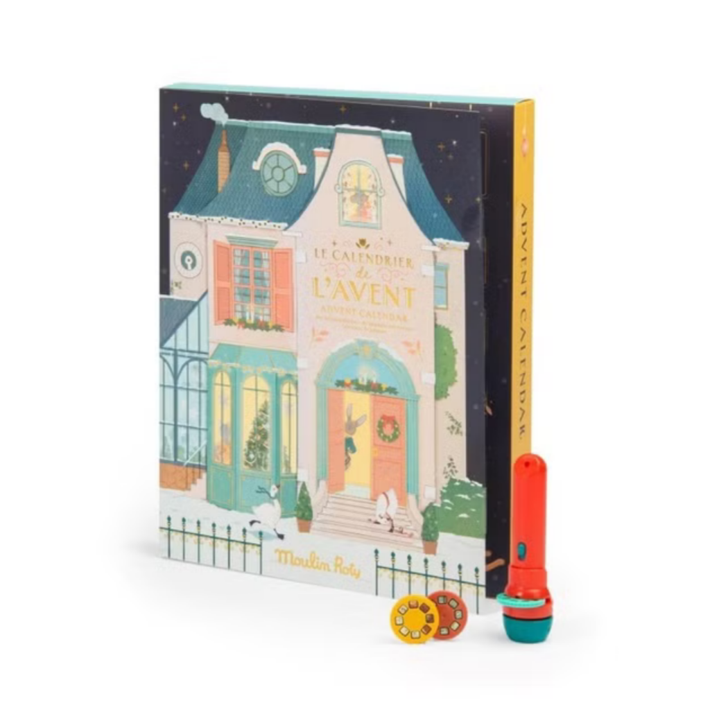 Advent Calendar with a house illustration on the cover, accompanied by a flashlight and image discs.