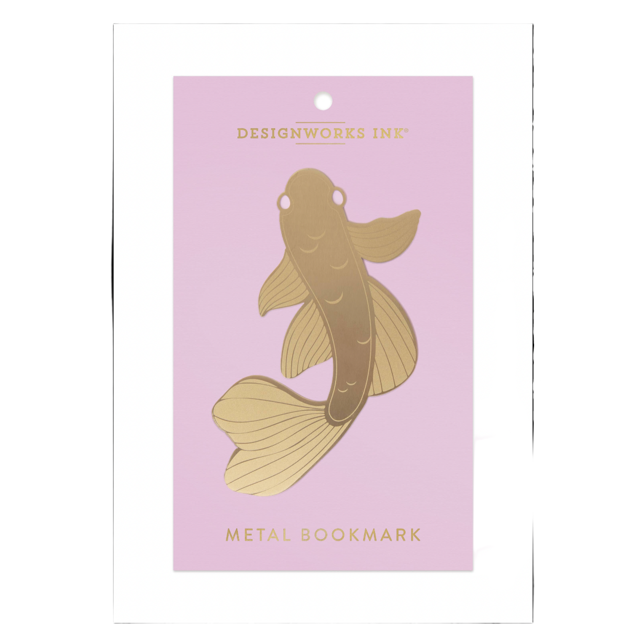 Metal bookmark with gold fish design on a pink card, brand 'Designmonks' visible