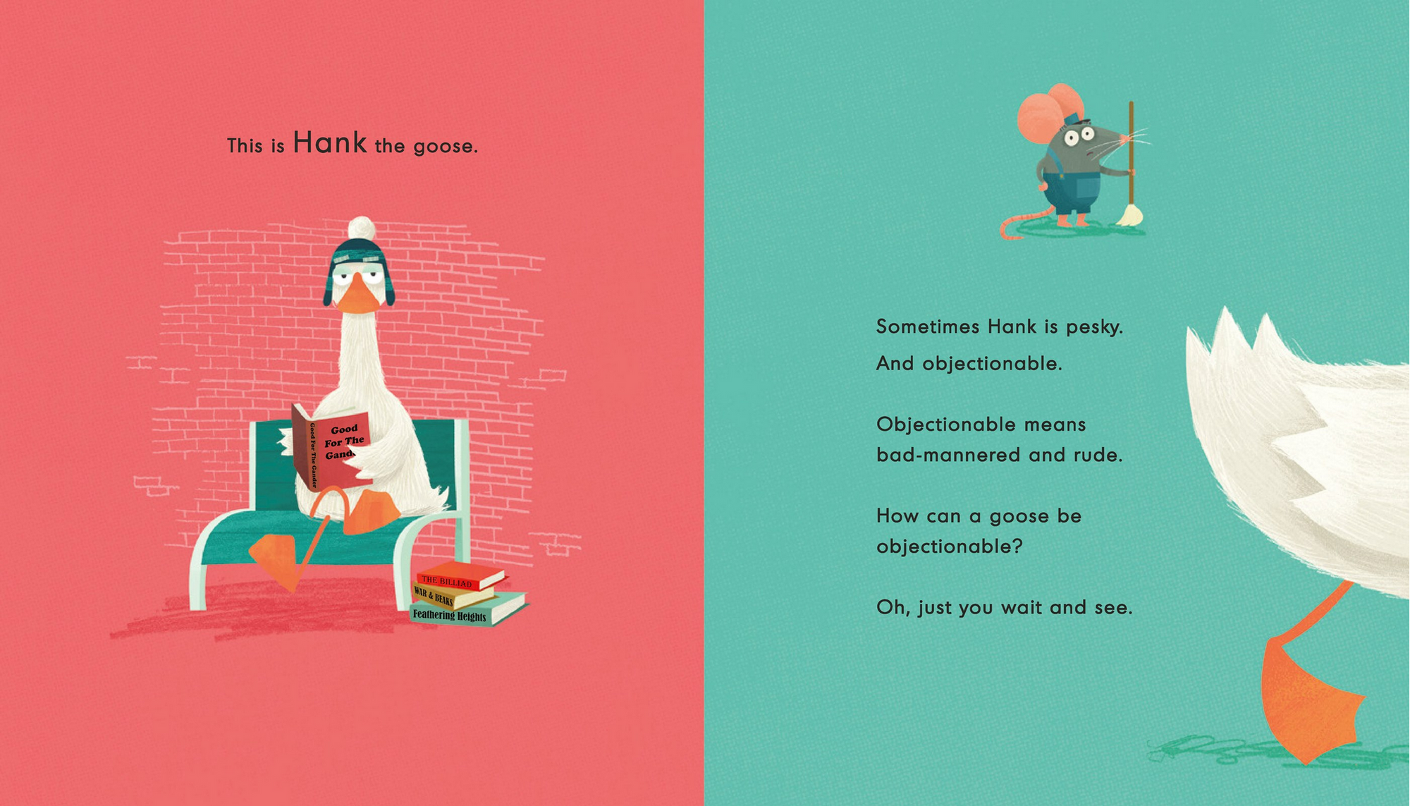 Illustrated book page with a goose character on a pink and green background
