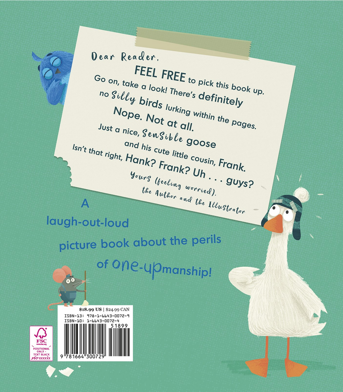 Book back with a goose and a mouse, featuring text about the book's content.
