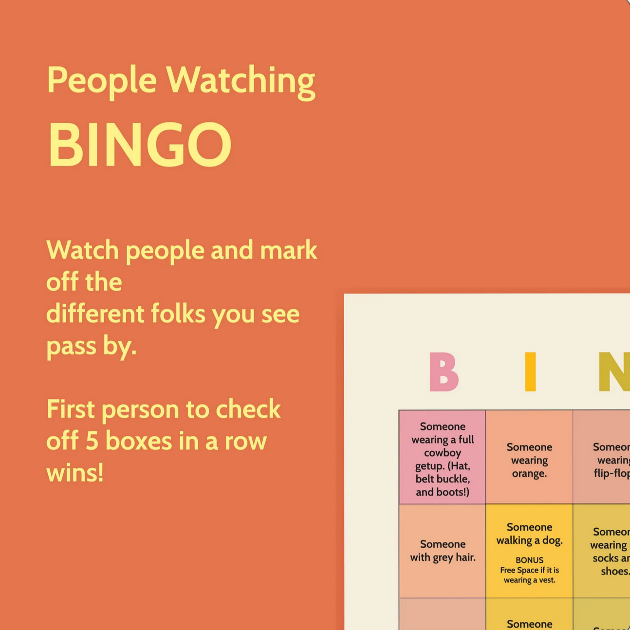 People Watching Bingo game with orange background and yellow text