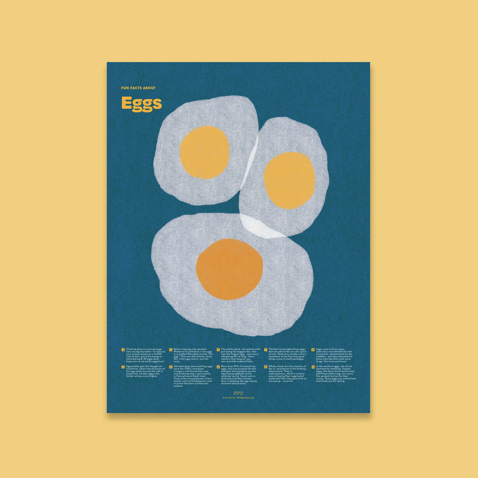 Poster with stylized eggs on a blue background, featuring the text 'Eggs' on a yellow background.